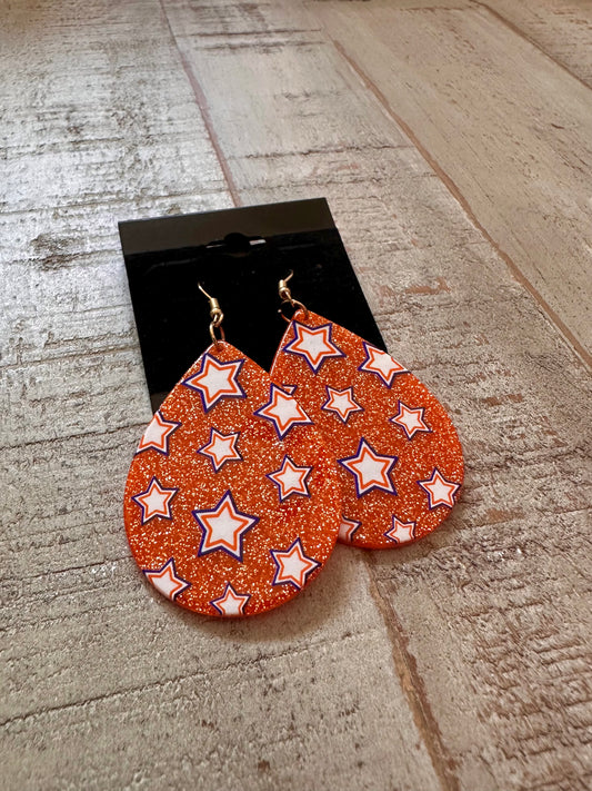 Orange w/ Stars Teardrop Earrings