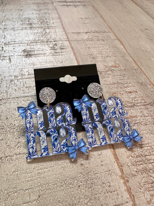 Blue Floral w/ Bows Mama Earrings